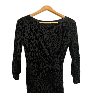 🇬🇧 M&S WOMAN black leopard print form-fitting midi dress, three quarter sleeves